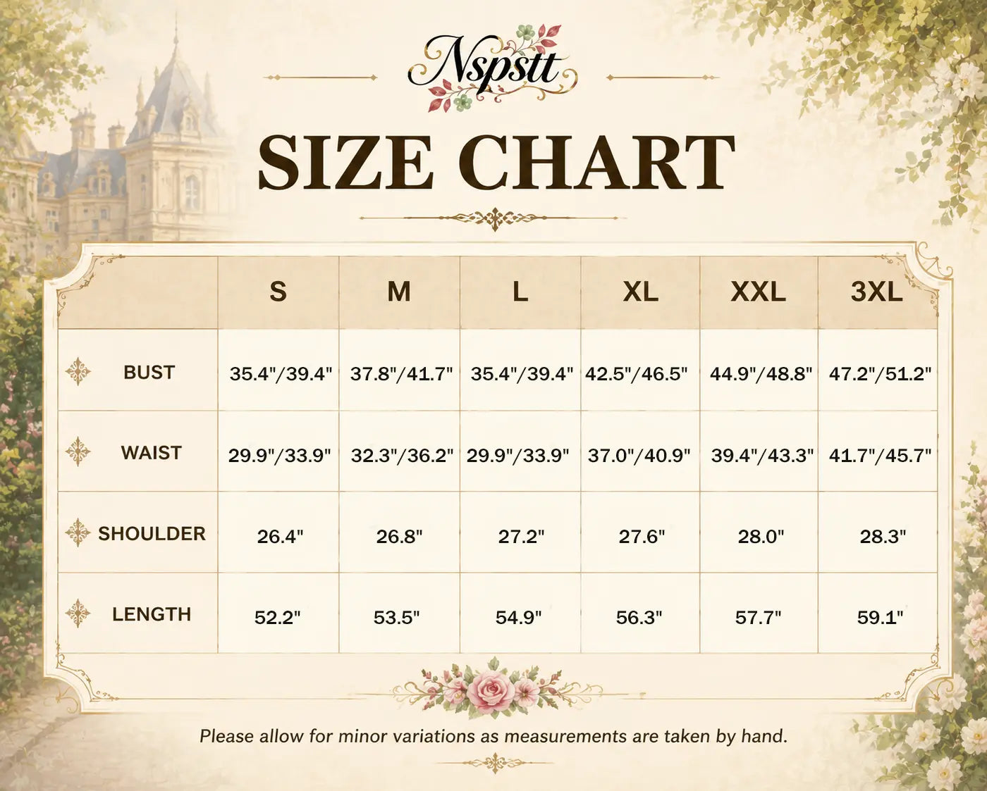 Pink vintage dress size chart and measurement guide