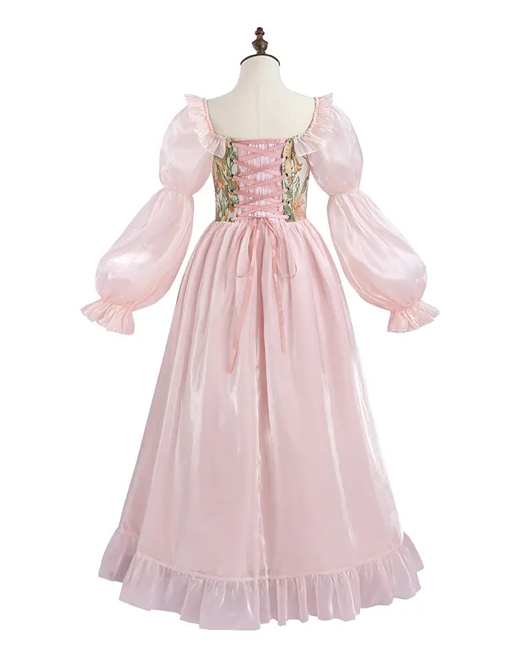 Pink floral corset princess dress with puff sleeves front detail