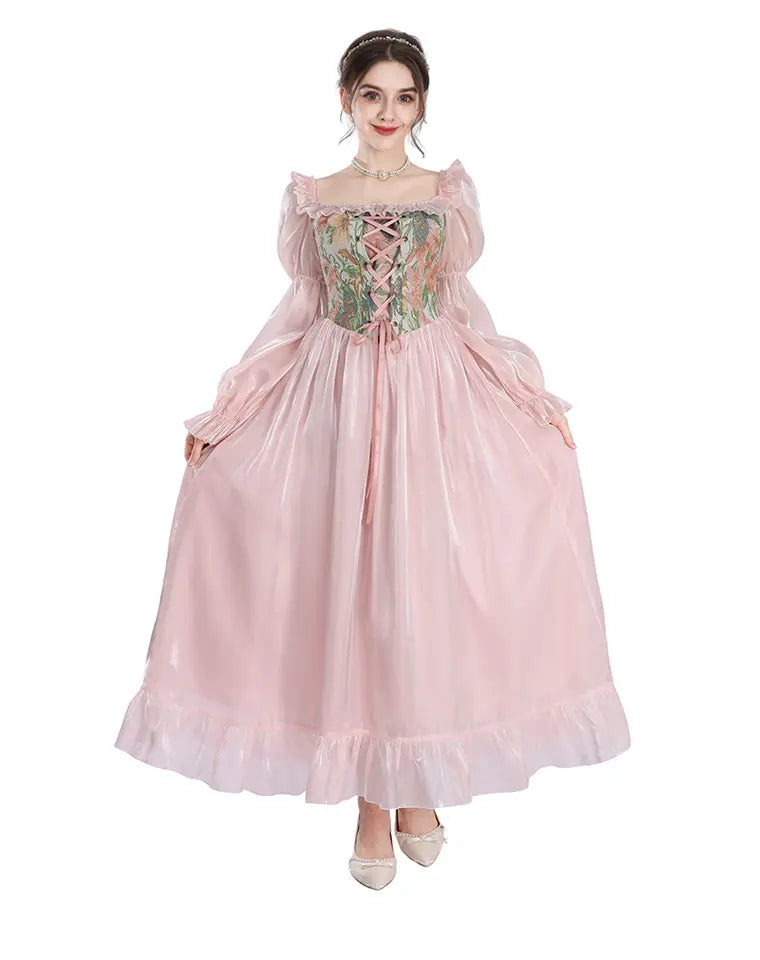 Pink vintage floral corset maxi dress with puff sleeves front view