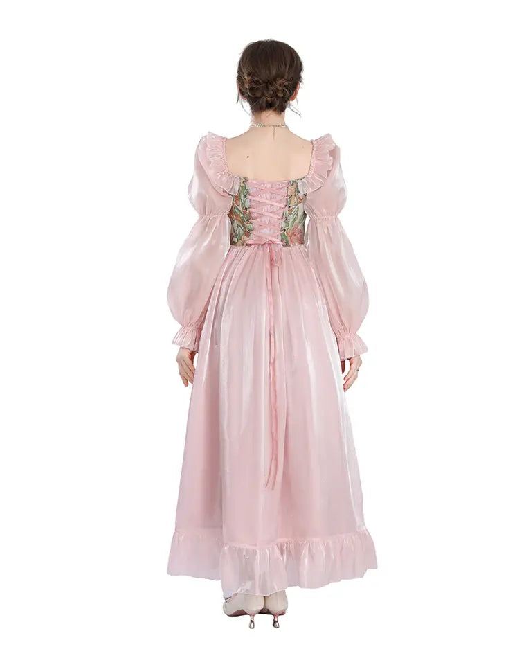 Pink vintage lace up corset dress with romantic back detail