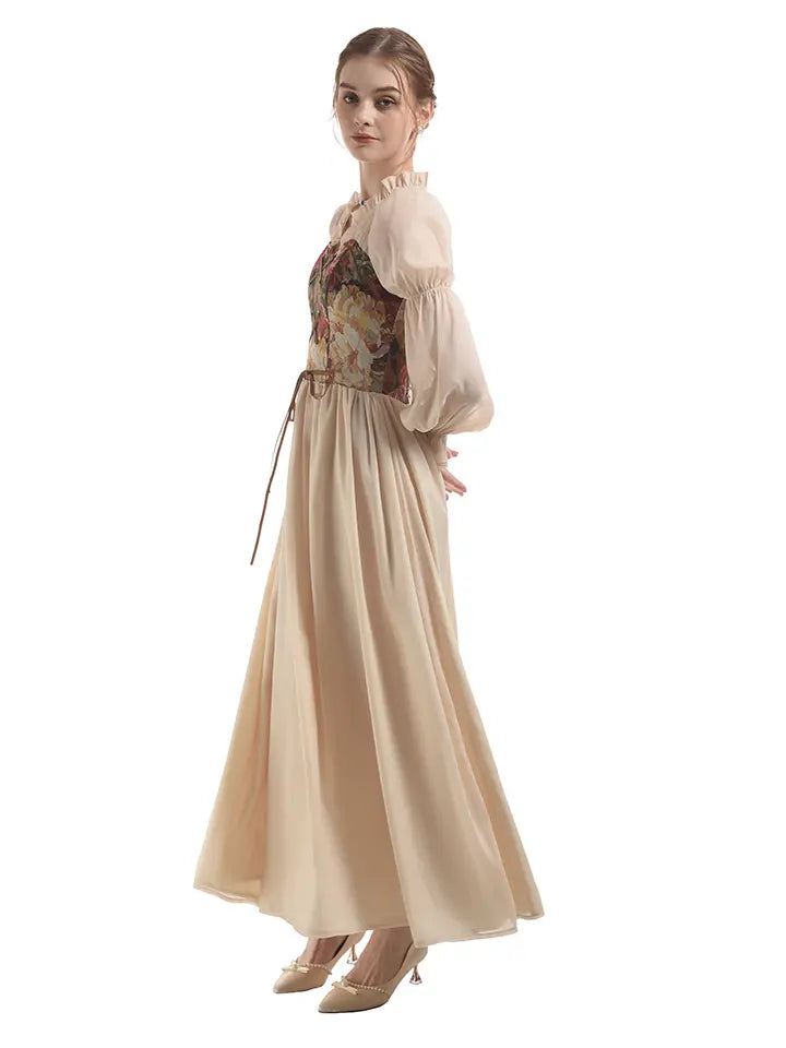 Side view of romantic floral jacquard corset maxi dress with elegant long skirt