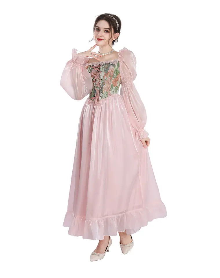 Romantic pink princess maxi dress with puff sleeves for women