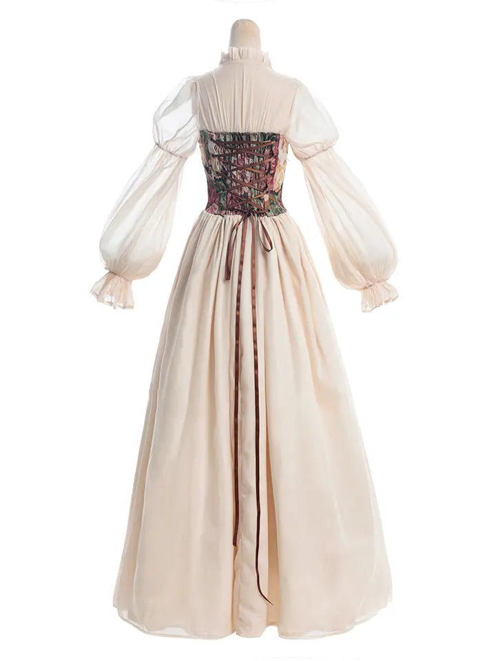 Back view of NSPSTT vintage floral jacquard maxi dress with elegant flowing silhouette