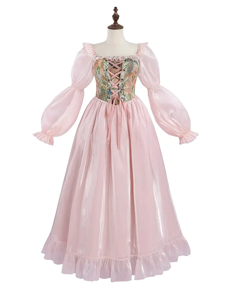 Vintage pink maxi dress with puff sleeves and corset waist detail