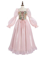 Vintage pink maxi dress with puff sleeves and corset waist detail